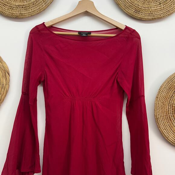 Vintage Y2K 2000s Express Red Silk Fairy Asymmetrical Long Sleeve Blouse 3/4 - Picture 4 of 6